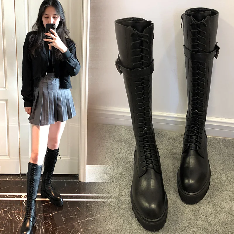 

2018 Autumn Winter Cross-tied Buckle Leather Boots Woman High Platform Knight Boots Female Desiged Shoes Zapatos Mujer Botas