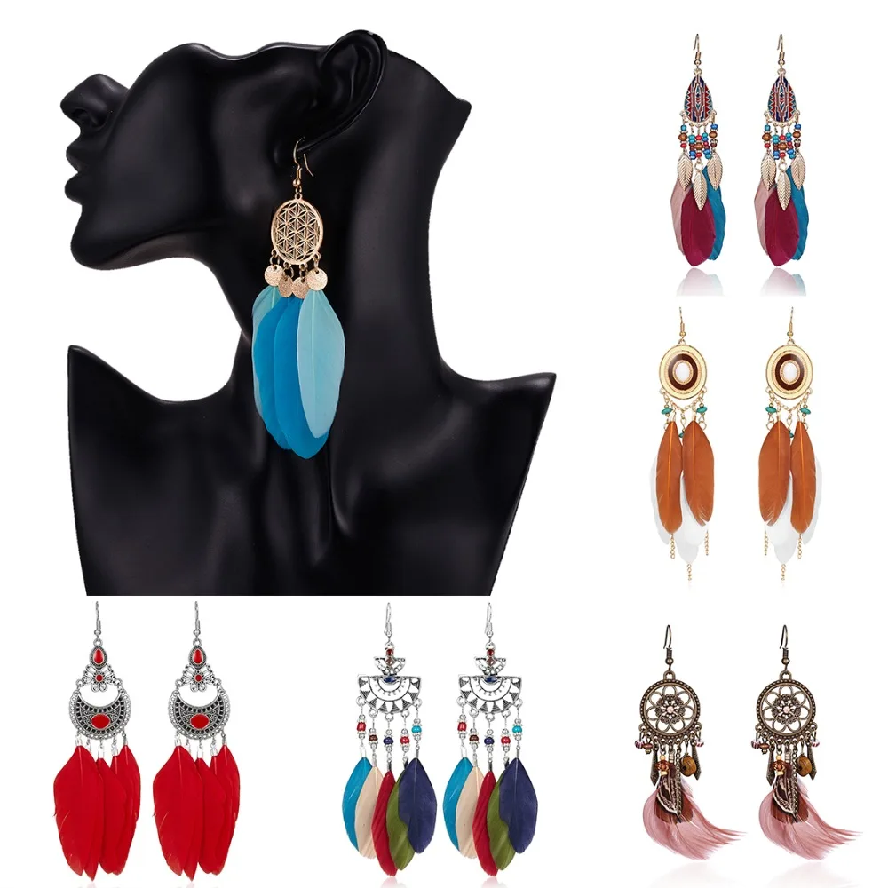 

Rinhoo Bohemian Colorful Feature Drop Earring Handmade Vintage Long Multi-layer Feather Earrings For Women Best Gift Jewelry