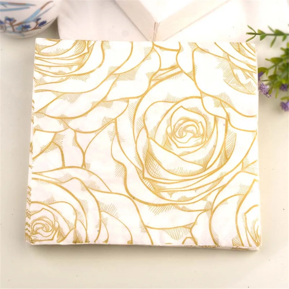 20pcs Golden Rose Floral Flower Theme Paper Napkins Festive Party Tissue Napkins Decoration Disposable Party Tableware