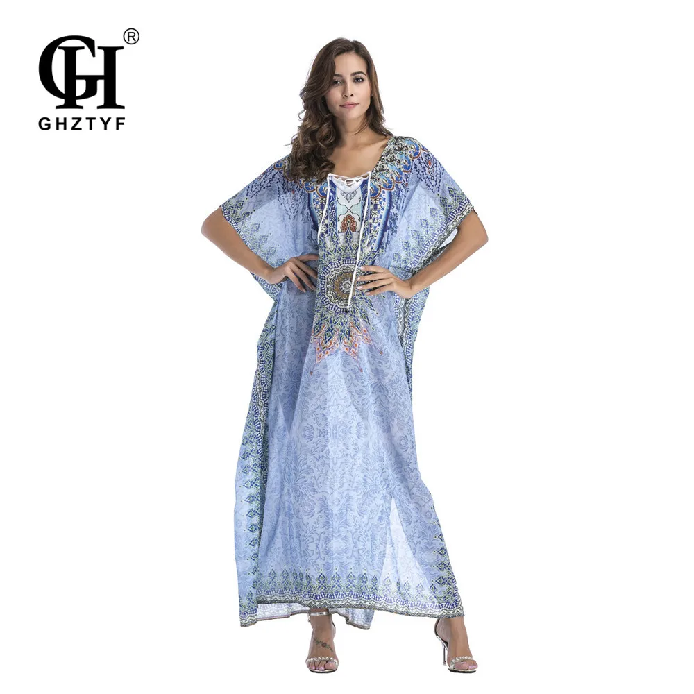 

GHZTYF Women Dress Beach Bohemian Print Short Sleeve Loose Plus Size Robe Boheme Femme Summer Boho Long Dresses