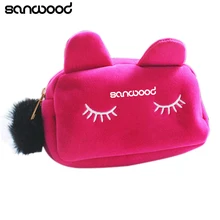 Portable Cartoon Cat Coin Storage Case Day-use Makeup Flannel Pouch Cosmetic Bag