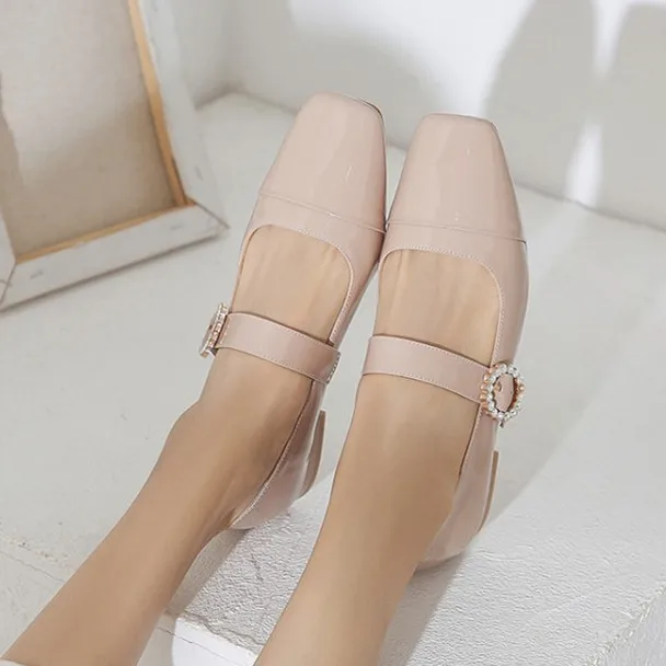 

PXELENA Elegant Retro Lady Mary Janes Shoes Genuine Leather Square Toe Crystal Low Heel Dress Office Party Women Pumps Autumn 40