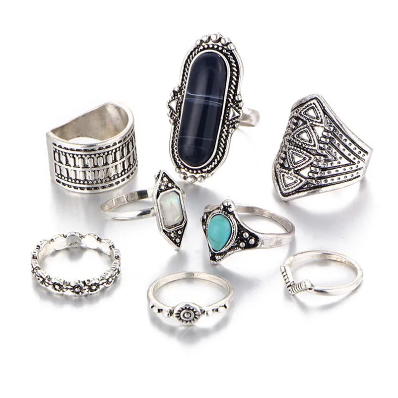 New Arrival Fashion Vintage Women's Boho Crystal Flower Knuckle Ring Tibetan Turkish Rings for women midi rings Ring Set J13#N (10)