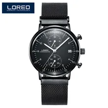 LOREO Sapphire Men's Quartz Watches Waterproof Casual Luminous Wrist Watch Man Black Steel Strap erkek kol saati