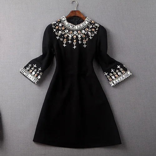 Высококачественное женское платье ручной работы с бисером, тонкое Элегантное Черное короткое платье, женское хлопковое модное Повседневное платье размера плюс