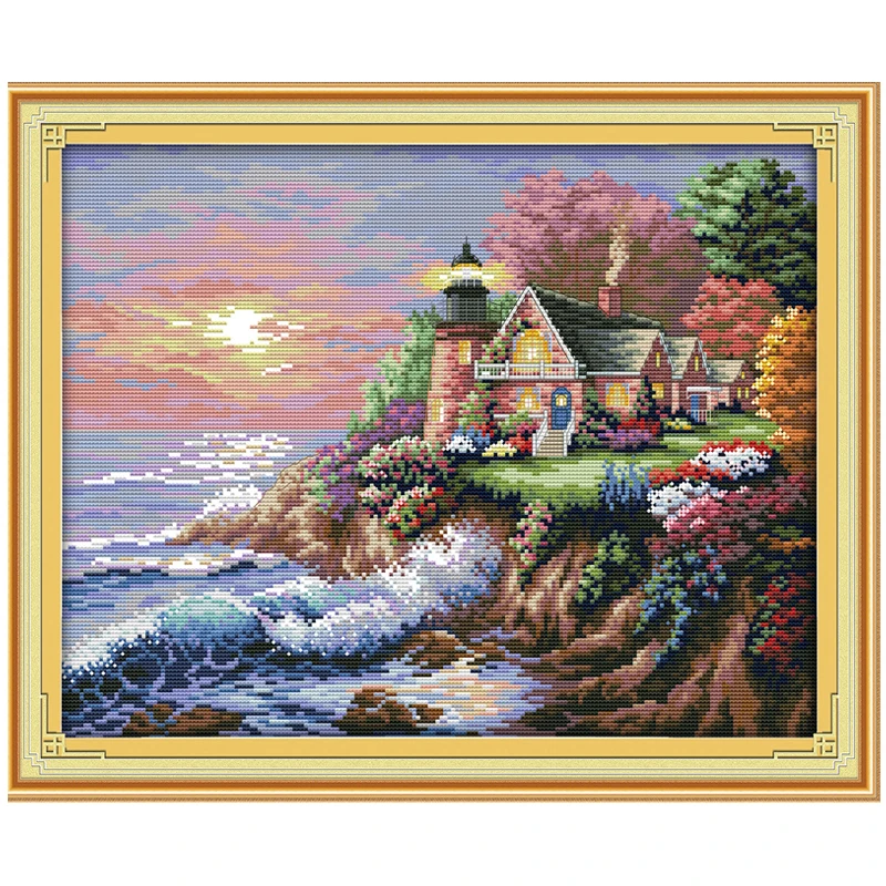 The Seaside Lighthouse Counted Cross Stitch 11CT 14CT Cross Stitch Sets Cross stitch scenic counted chart pattern