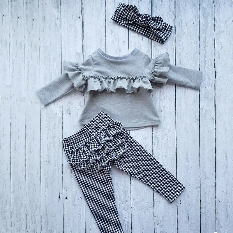 

3Pcs Outfit Clothes Set Plaid Tops Pants Leggings Lace Ruffle Boutique Kids Baby Girl Ruffle