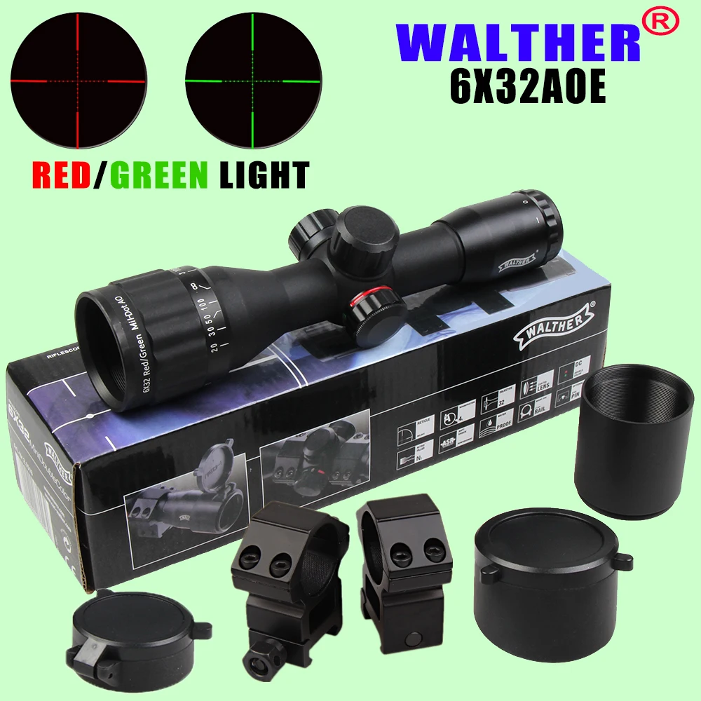 WALTHER 6X32 AOE тактическая область Riflescopes оптика охотничья область красный и зеленый точка с подсветкой сетка волокно прицел