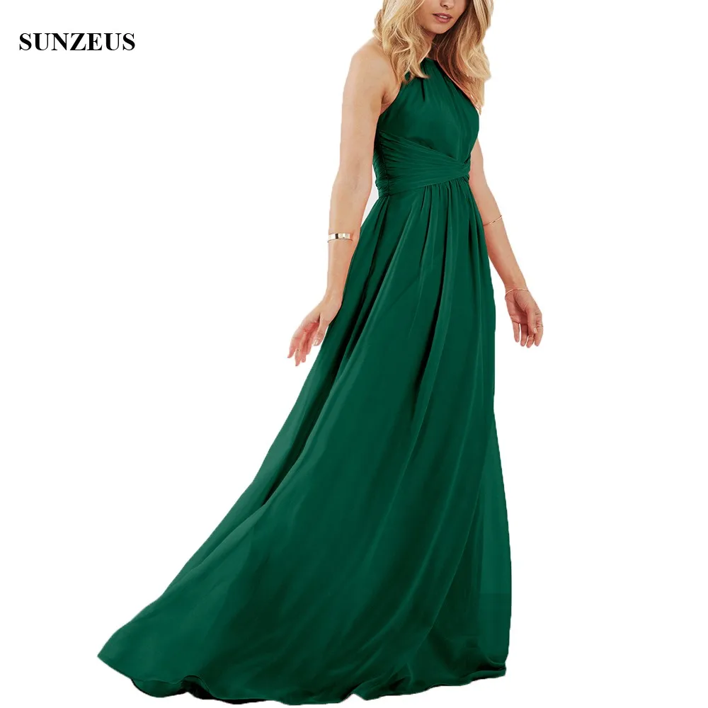 

Long Green Bridesmaid Dresses For Wedding A-line Halter Neck Low Back Party Gowns robe demoiselle d'honneur BDS011