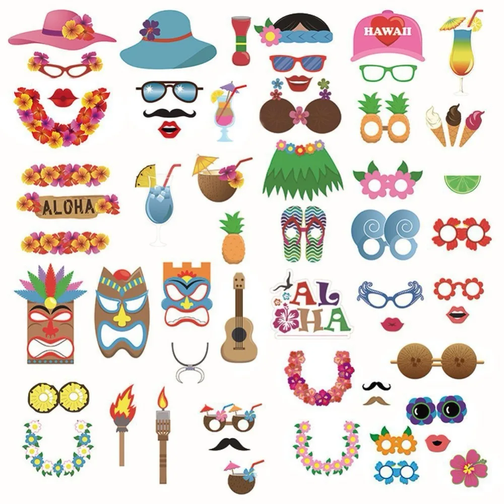 

60pcs/lot Luau Photo Booth Props Hawaii Paper Seaside Hat Hula Bikini Photobooth Props Summer Beach Pool Party Decor Sunglasses