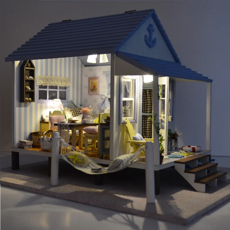 Diy Big Doll House Happy Coast Miniature Wooden Building Model Dollhouse Kit Furniture Model Toys For Children Brithday Gift