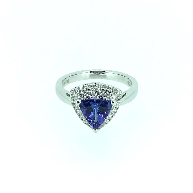 

ANI 18K White Gold (AU750) Women Wedding Ring Certified 1.348 ct Triangle Cut Tanzanite Halo Diamond Ring Fine Enagement Jewelry