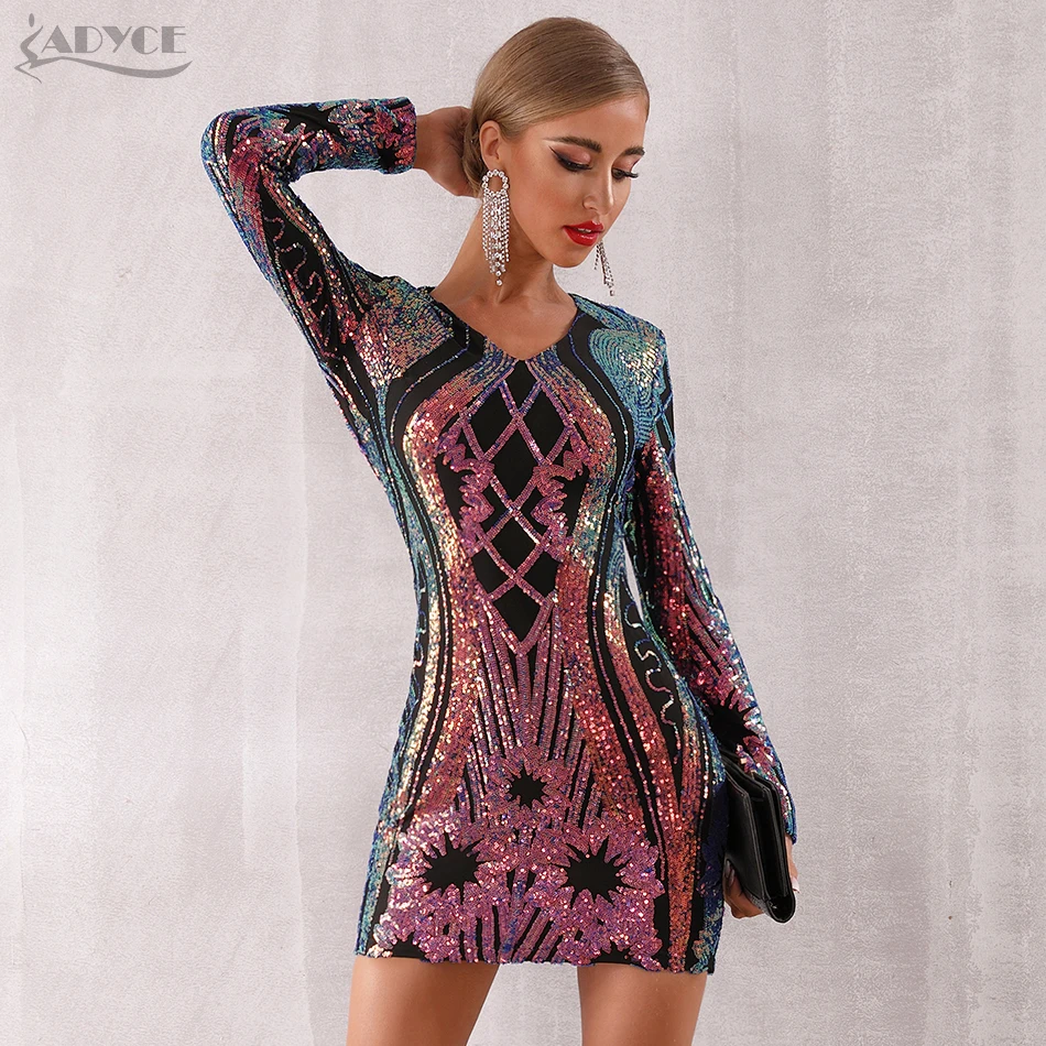 

Adyce 2019 New Winter Sequined Celebrity Evening Runway Party Dress Women Sexy Mini Deep V Long Sleeve Luxury Club Dress Vestido