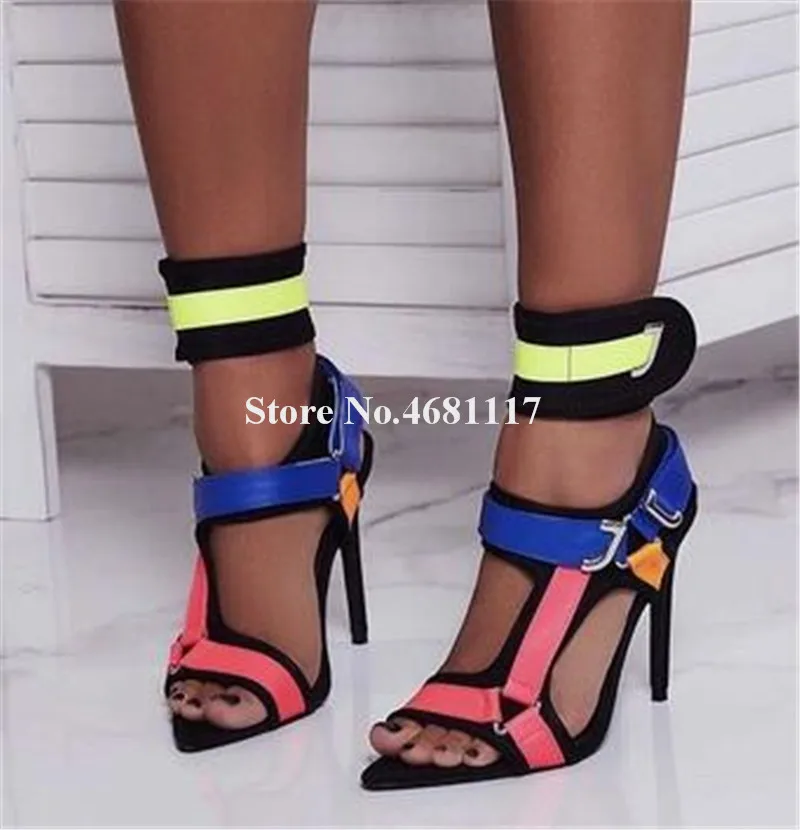 

Brand Design Women Fashion Open Pointed Toe Mixed-colors Stiletto Heel Gladiator Sandals Buckles Patchwork High Heel Sandals