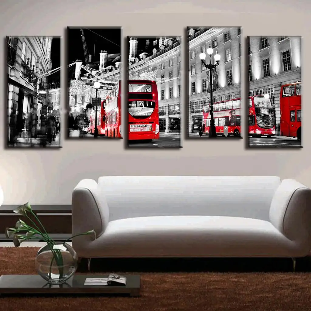 

Modern oil Canvas Painting Landscape Red Bus In Grey City LA5001
