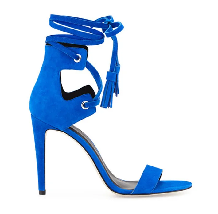 

fashion blue suede lace-up high heel sandal for woman summer open toe cutouts thin heels gladiator shoes