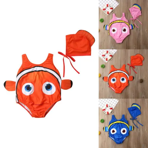 Kids Baby Girl Swimsuit Goldfish Swimwear Swimmable Costume+Swimming Hat 2PCS children swimwear