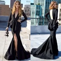2014 New Vestidos de Festa Black Long Prom dresses Mermaid V-neck Open Back Sexy Backless Elegant Full Sleeves Evening Dress