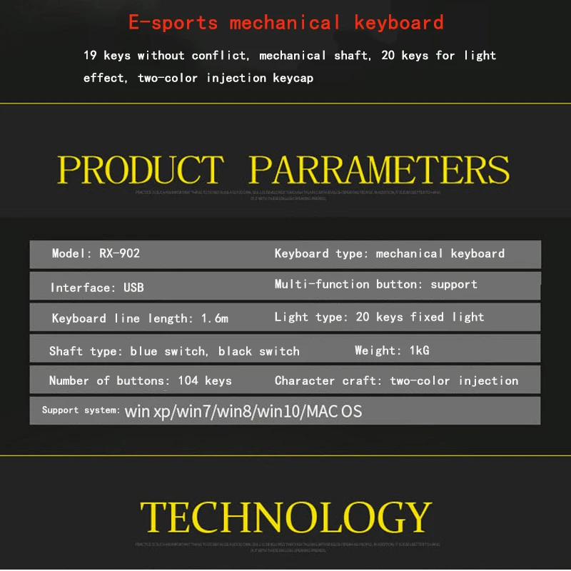 RX-902 реальные механическая клавиатура USB подсветкой Проводная игровая клавиатура синий переключатель 104 ключ офис игры развлечения