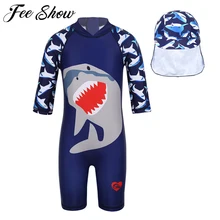 Детские летние комплекты из 2 предметов для мальчиков купальный костюм на молнии с принтом акулы, купальный костюм с шапочкой для плавания