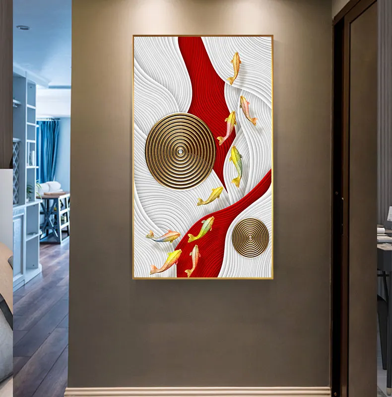 Абстрактная картина с золотой рыбкой, синий и красный цвета, печать на холсте, плакаты из фольги, роскошная настенная живопись для гостиной