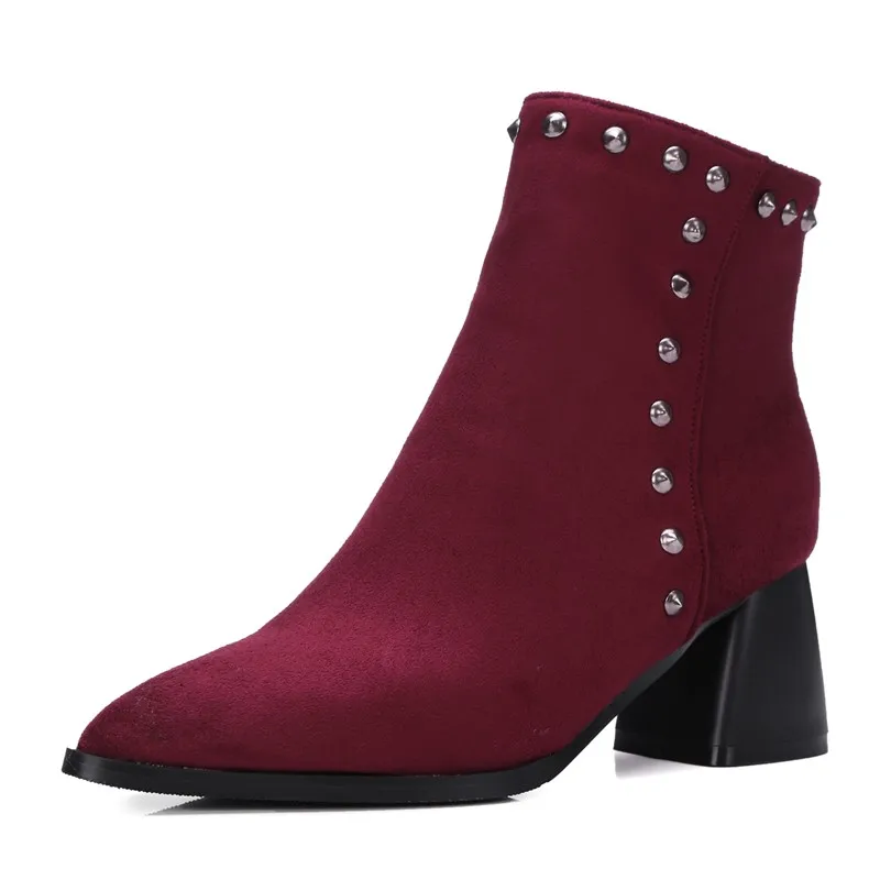 

Rivets Hoof Heels heel height 6cm Nubuck Leather autumn Ankle boots platform boots point toe flock leather woman party shoes