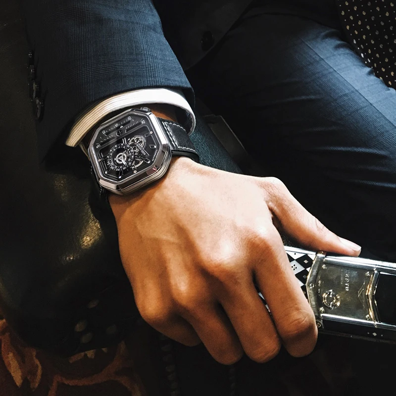 Agelocer Топ Бренд роскошные часы для мужчин дизайнерские квадратные часы водонепроницаемый кожаный ремешок все черные механические часы 5603J3