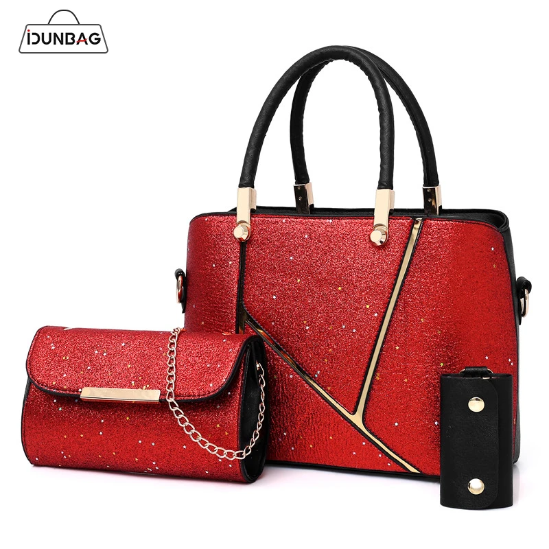 

3Pcs/Set Women Shoulder Bag Pu Leather Handbags Women's Bling Sequins Tote Bags+Chains Shoulder Messenger Bags+Small Card Wallet