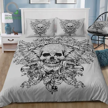 

BOMCOM 3D Digital Printing Magic Skull Bedding Set Terror Black and white Skull Duvet Cover Set 100% Microfiber Gray