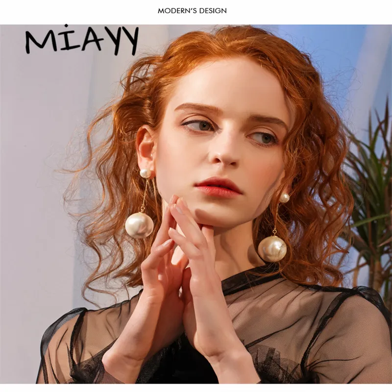 Trendy Elegant Created Big Pearl Long Earrings Gold Pearl Drop Earrings Pearls Statement Dangle