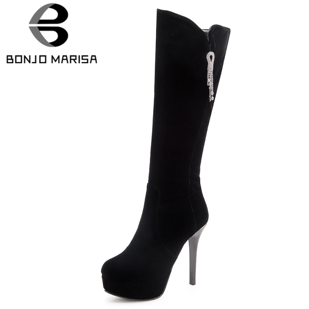 

BONJOMARISA Women Nubuck Faux Suede Knee Long Boots Rhinestone Chains High Heel Autumn Winter Shoes Woman Platform Knight Boots