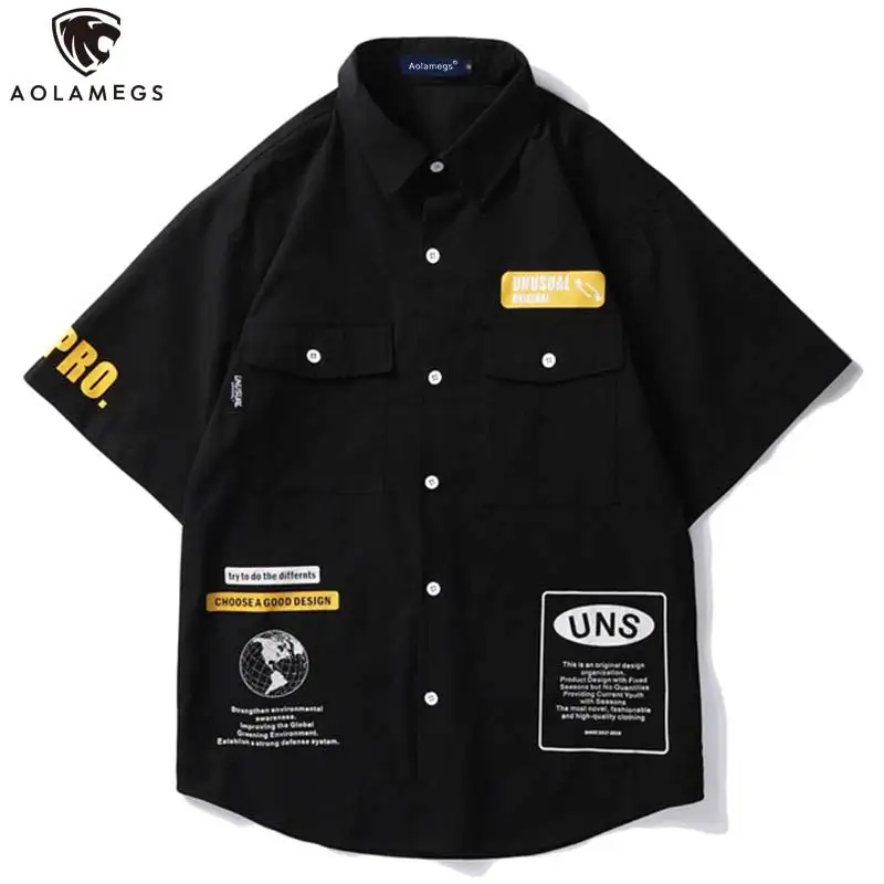 

Aolamegs Shirts Men Letter Print Male Shirts Thin Harajuku Short Sleeve Shirt Fashion Casual College Style Summer Streetwear