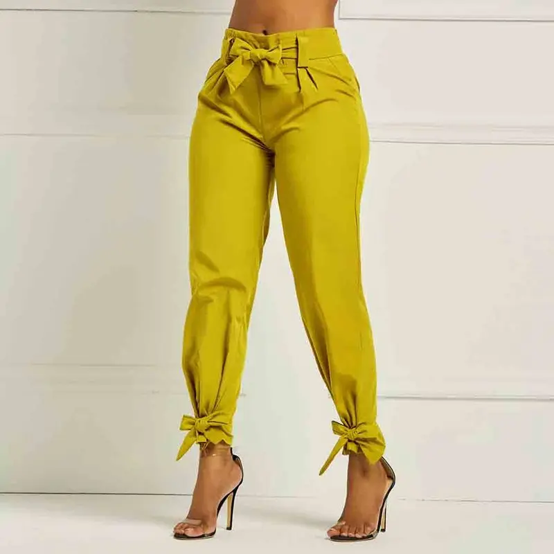 

Summer Elegant Casual Plus Size Green Women Pants Loose High Waist Lace Up Plain African Fashion Female Boho Harem Pants 2019
