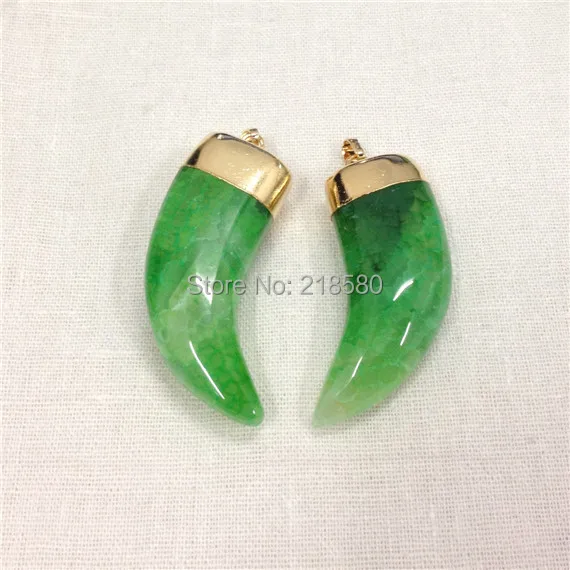 H-SP36 Large Green Dragon Agates Horn Tusk Pendant Charm with Gold or Silver Cap | Украшения и аксессуары