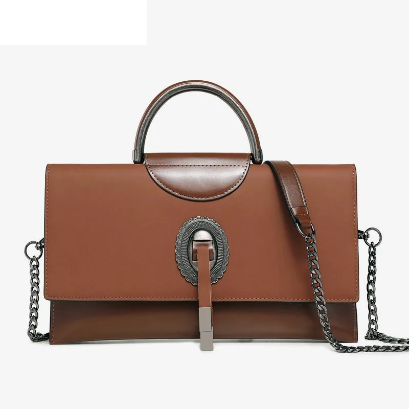 Fashion trend delicate iron ring decoration large capacity Genuine Leather chain bag magnetic buckle opening women handbags