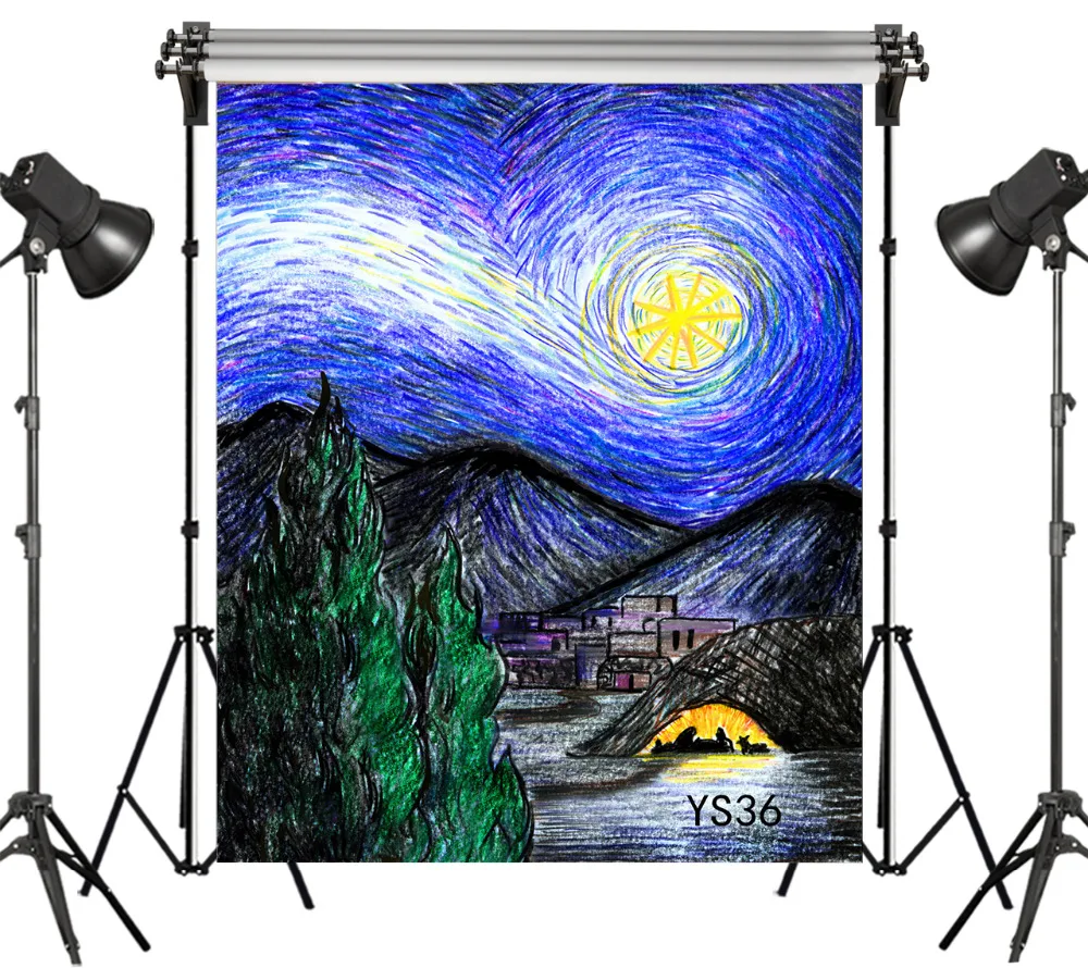 

LB Polyester & Vinyl Van Gogh Style Star Of Bethlehem Jesus Nativity Xmas Backgrounds For Photo Studio Photography Backdrops