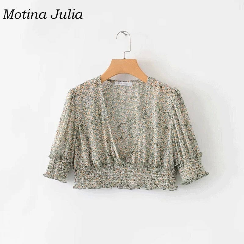 Женская блузка с цветочным принтом Motina Julia Пляжная треугольным вырезом лето 2019| |
