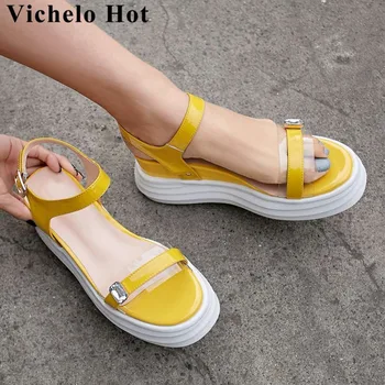 

Vichelo Hot real cow leather buckle strap wedges platform peep toe crystal decoration pvc material simple style daily shoes L31