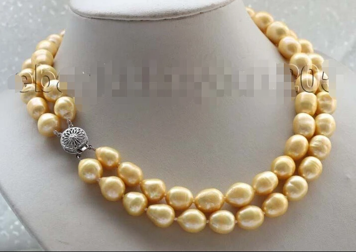 

>>>>18" Double Genuine Natural 13mm Golden Rice Pearl Necklace #f1761!