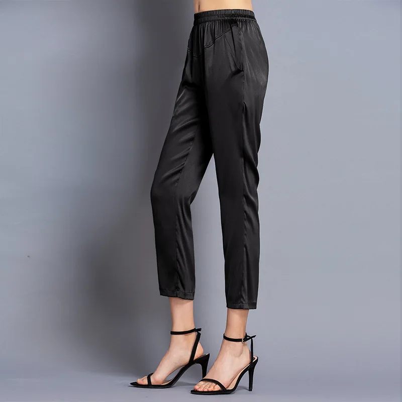 Корейские брюки с высокой талией, женские брюки из тяжелого шелка, шелковые брюки-карандаш, Свободные повседневные брюки из натурального шелка длиной до щиколотки, 190314 - Цвет: black