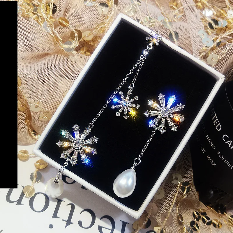 

S925 Silver Needle Asymmetric Crystal Flower snowface Earrings jewelry tassel earrings statement earrings