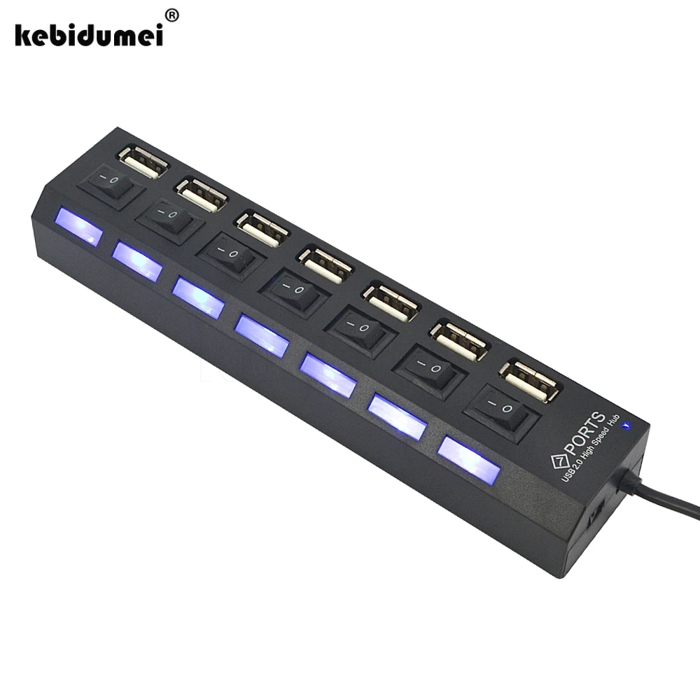 Multi 7 Port USB Hub 2.0 High Speed Led Hub USB On Off Switch Portable USB Splitter Adapter For