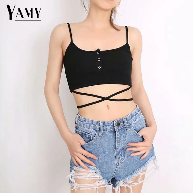 Button Black White Crop Tops Women Sexy Spaghetti Strap Halter Top Workout Bodycon Summer Tops