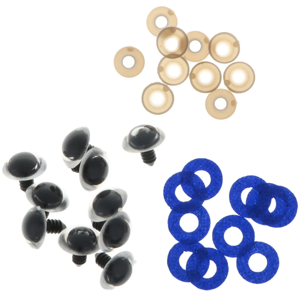 100pcs 10 Colors Plastic Round Safety Eyes + Glitter Nonwovens + Washers For Teddy Bear Soft Stuffed Toy DIY 16mm/18mm/20mm/24mm