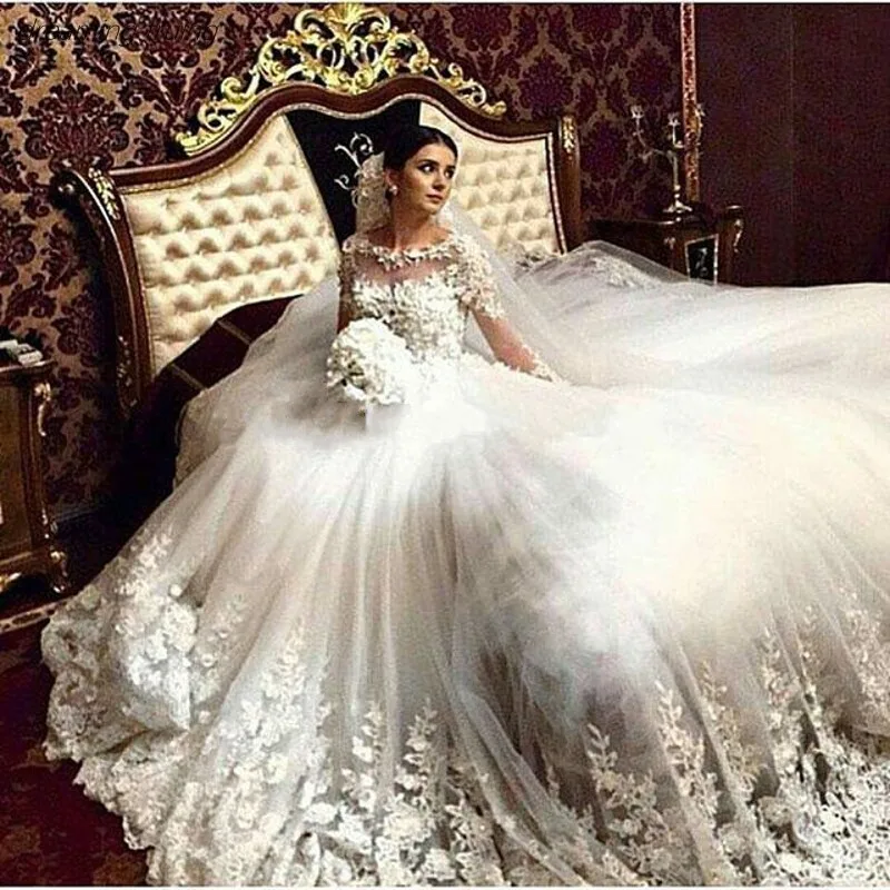 Саудовской Аравии роскошное свадебное платье принцессы длинный рукав, аппликация Кружева бальное платье Дубай Свадебное платье Robe De Mariage