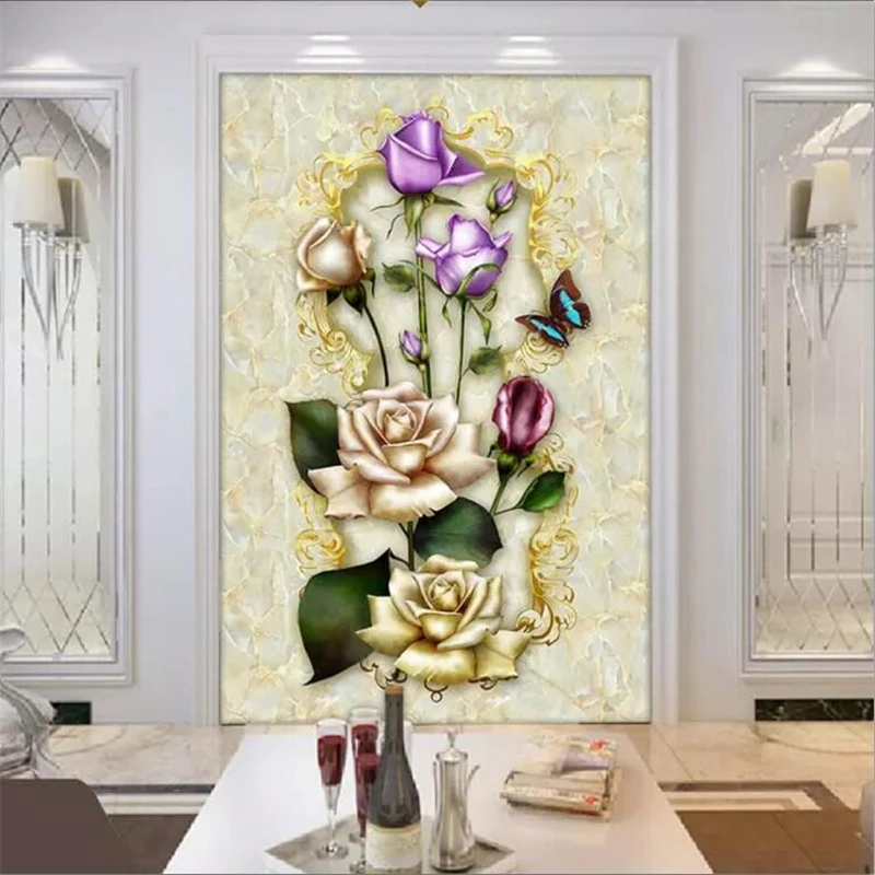 

wellyu papel de parede Custom mural 3d photo wallpaper beautiful rose and butterfly marble entrance aisle 3d wallpaper murals