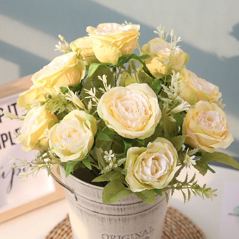 Flone High Quality Silk 12 Head Rose Bouquet Fake Flowers Artificial Flowers Tea Rose Wedding Living Room Decoration Accessories (13)