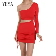 YEYA Summer Women's Sexy One Shoulder Long Sleeve White Black Dress Elegant Hollow Out Lace-up Pleated Dress Femme Robe Grande black one shoulder backless lace up details sweater dress