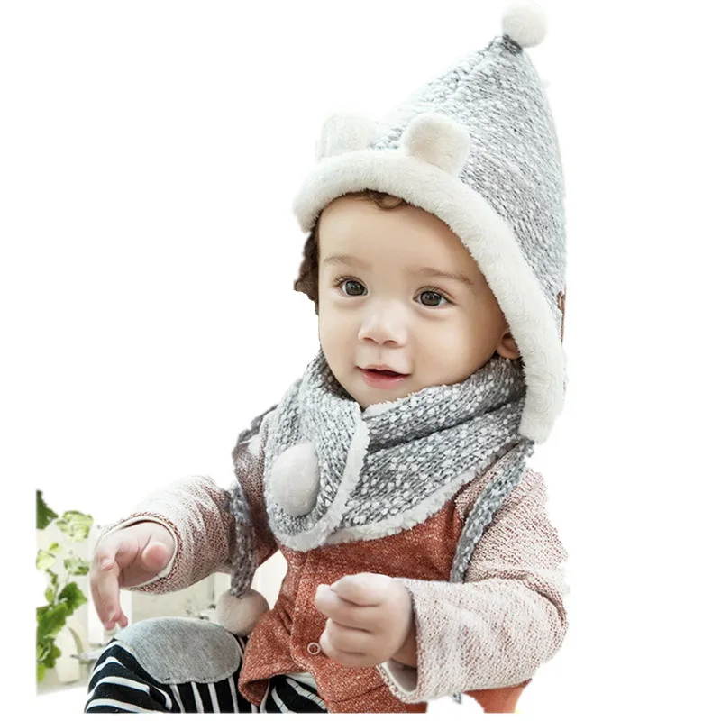 Зимний детский комплект с шапочкой, теплый шарф на шею, шапки с кроликом для мальчиков и девочек, детские толстые бархатные теплые детские шапки зимний подарок - Цвет: gray