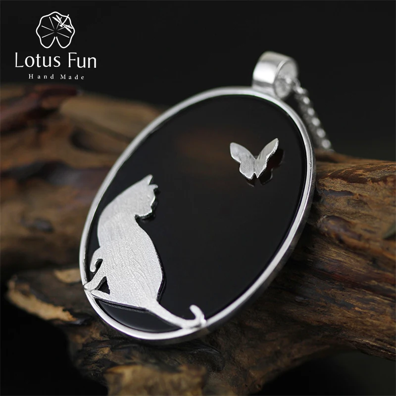 

Lotus Fun Real 925 Sterling Silver Natural Agate Handmade Fine Jewelry Cat and Butterfly Pendant without Chain Women Accessories